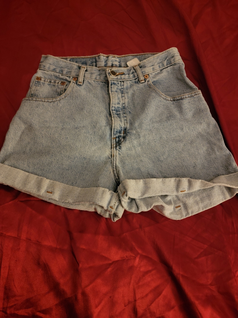 High-Rise Light Blue Denim Roll-Cuff Shorts